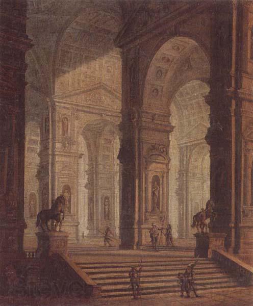 unknow artist The interior of a classical building,with soldiers guarding the entrance at the base of a set of steps